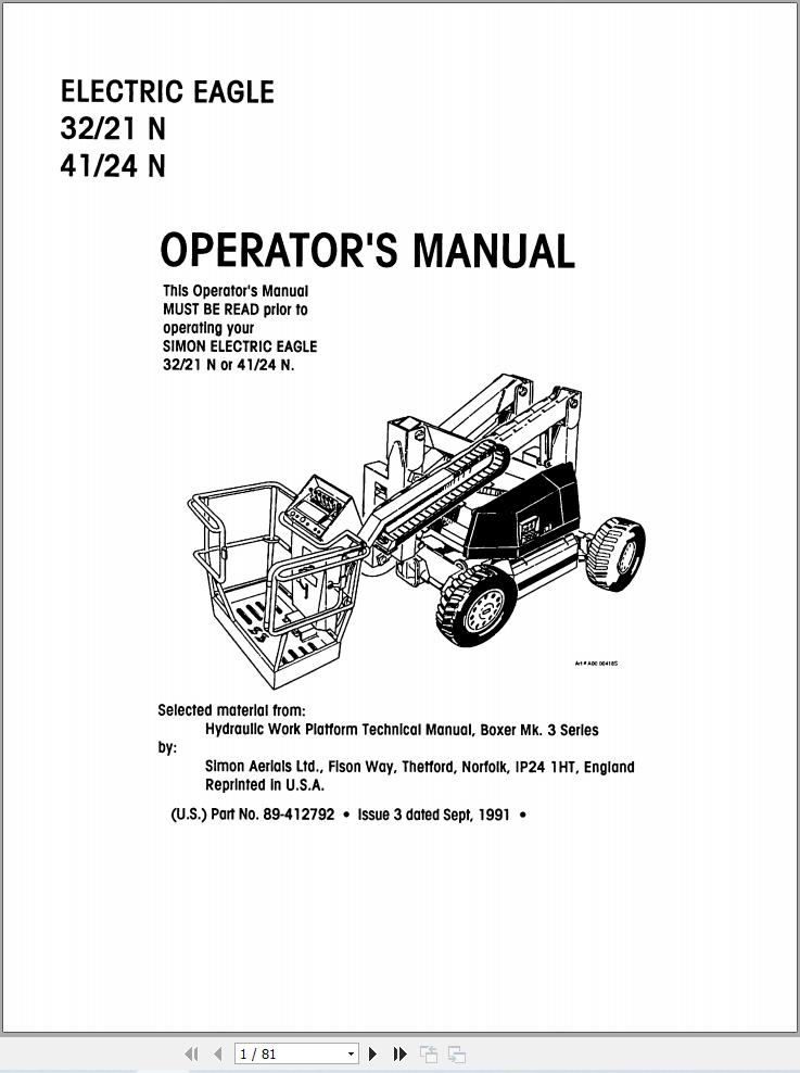 Simon Articulated Boom Lift 32 21N 41 24N Operators Manual 89 412792 (1)