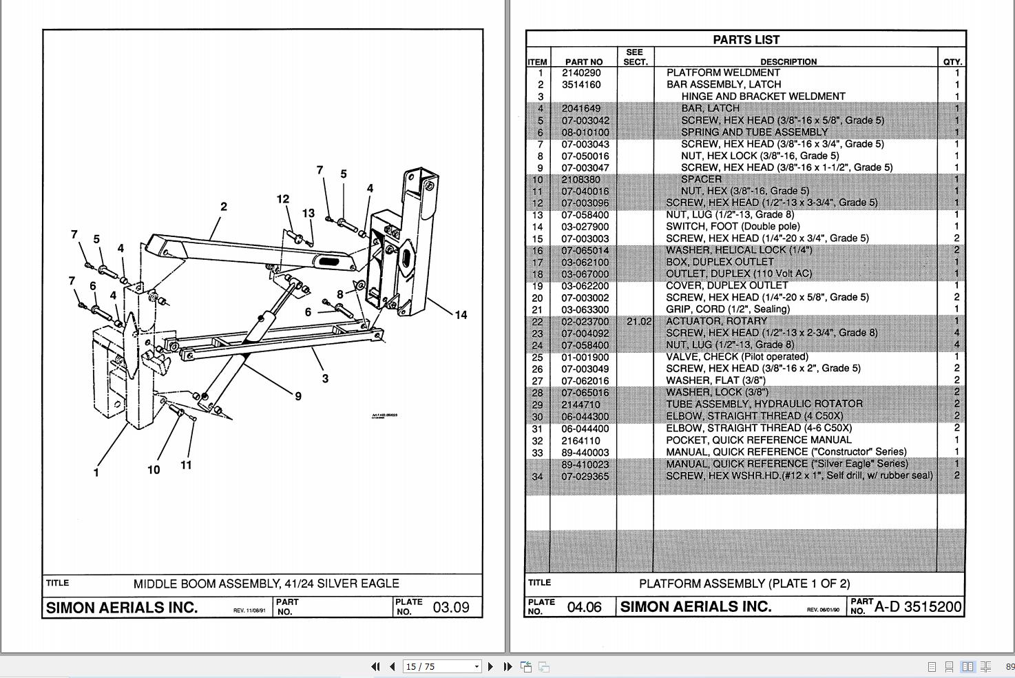 Simon Articulated Boom Lift 41 24 Parts Manual 89 412515 (2)