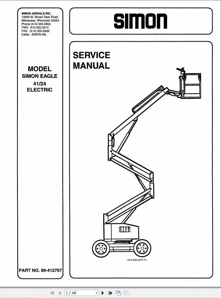 Simon Articulated Boom Lift 41 24 Service Manual 89 412707 (1)
