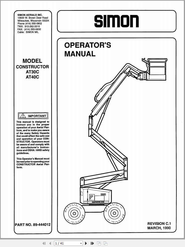 Simon Articulated Boom Lift AT30C AT40C Operators Manual 89 444012 (1)