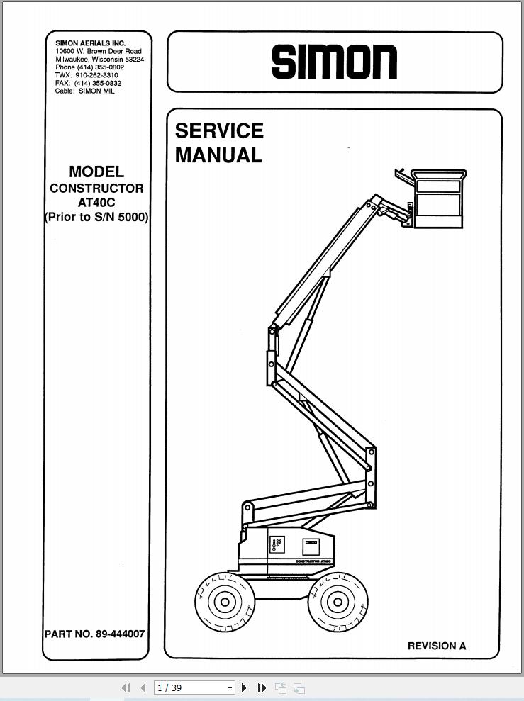 Simon Articulated Boom Lift AT40C Service Manual 89 444007 Revision A (1)