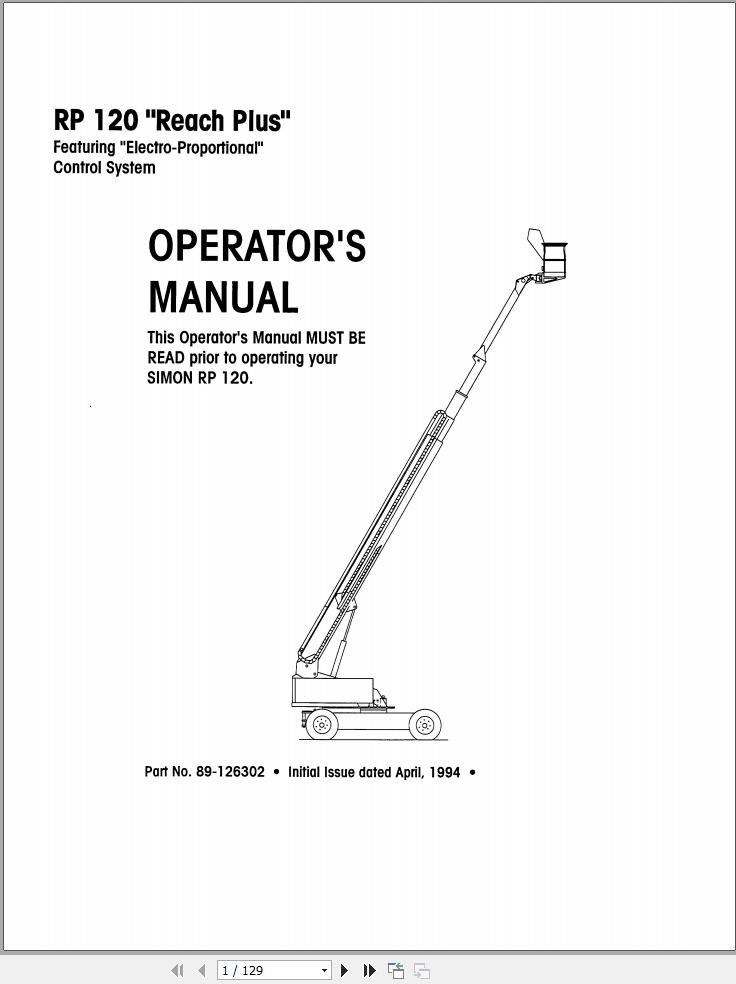 Simon Articulated Boom Lift RP 120 Reach Plus Operator Manual 89 126302 (1)