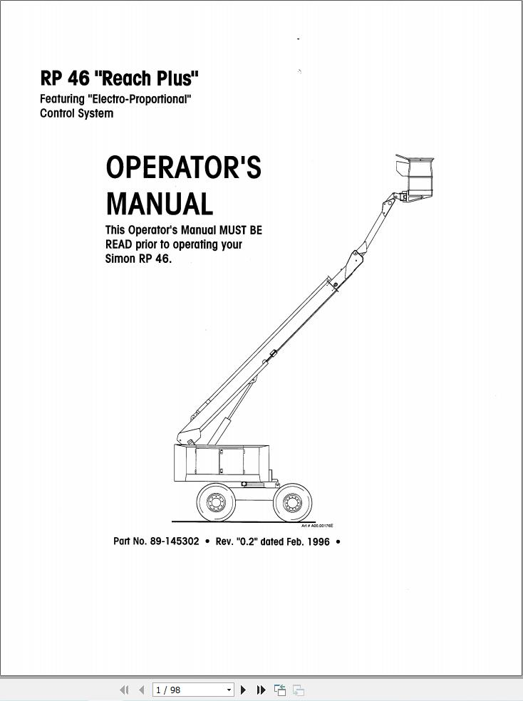 Simon Articulated Boom Lift RP46 Reach Plus Operators Manual 89 145302 (1)