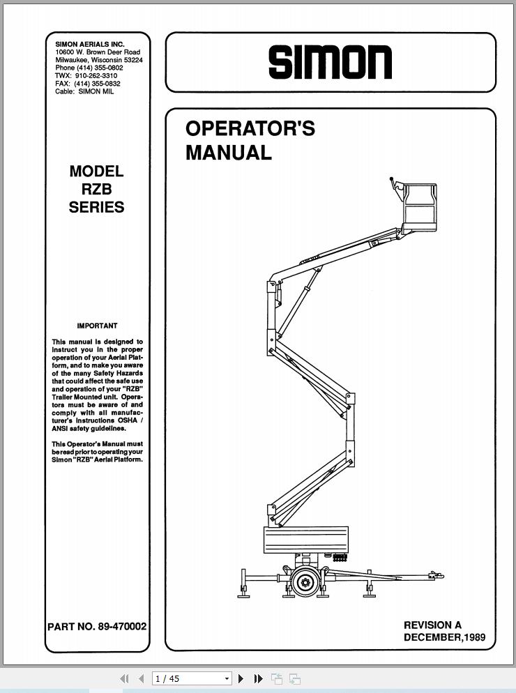 Simon Articulated Boom Lift RZB Series Operators Manual 89 470002 (1)