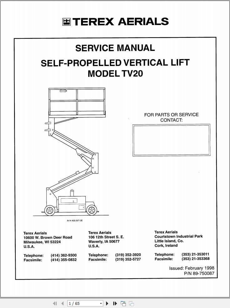 Simon Articulated Boom Lift TV20 Service Manual 89 750087 (1)