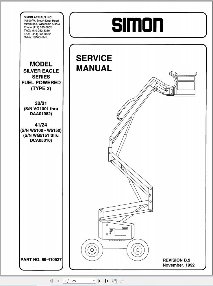 Simon Self Propelled Boom 32 21 41 24 Service Manual 89 410527 (1)