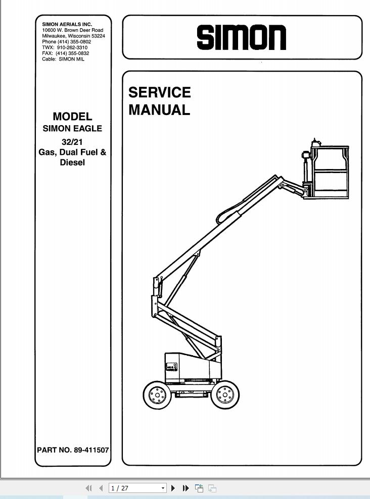 Simon Self Propelled Boom 32 21 Service Manual 89 411507 (1)