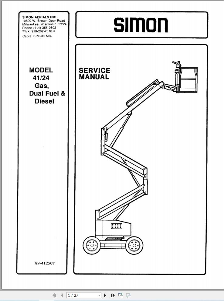 Simon Self Propelled Boom 41 24 Service Manual 89 412507 (1)