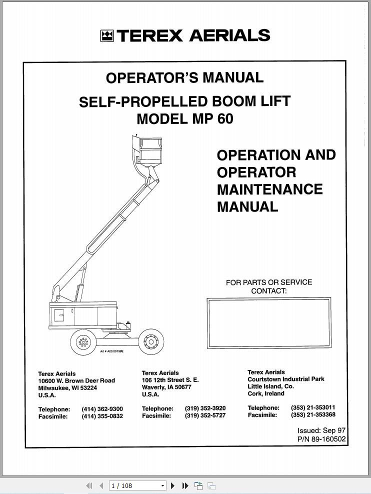 Simon Self Propelled Boom Lift MP60 Operators Maintenance Manual 89 160502 (1)