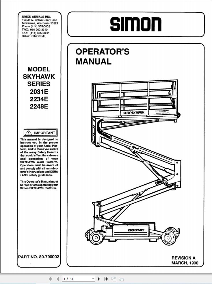 Simon Vertical Lift 2031E 2234E 2248E Operators Manual 89 790002 (1)