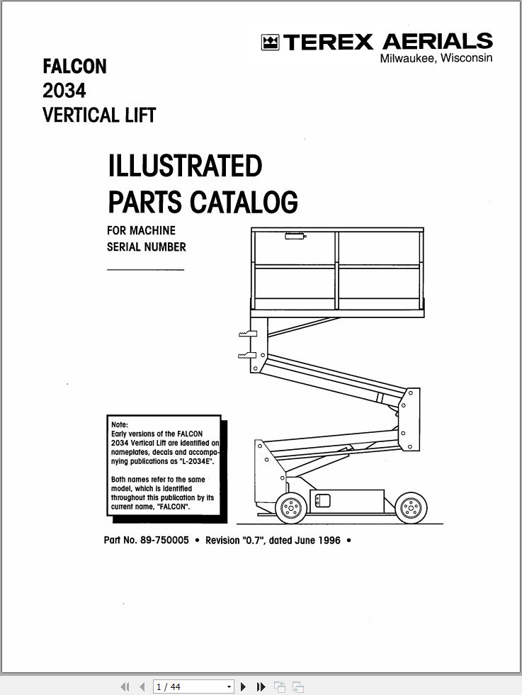 Simon Vertical Lift FALCON 2034 Parts Manual 89 750005 (1)