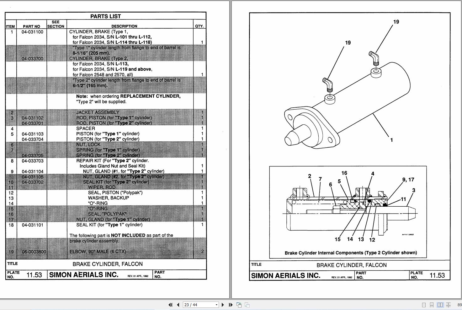 Simon Vertical Lift FALCON 2034 Parts Manual 89 750005 (2)