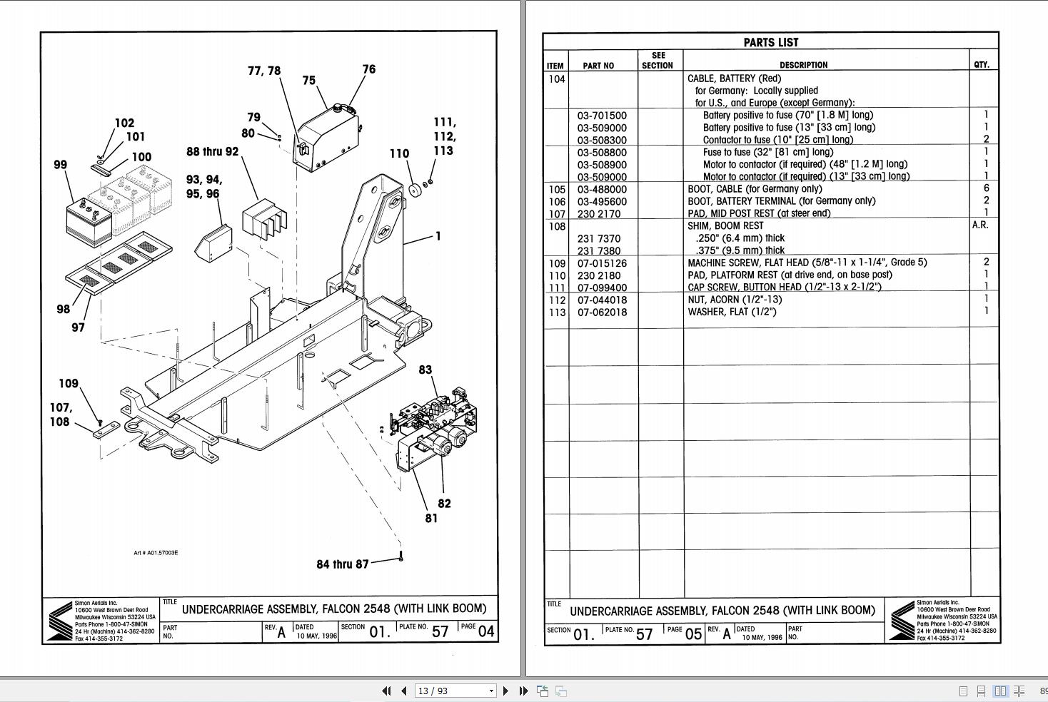 Simon Vertical Lift FALCON 2548 Parts Manual 89 755015 (2)