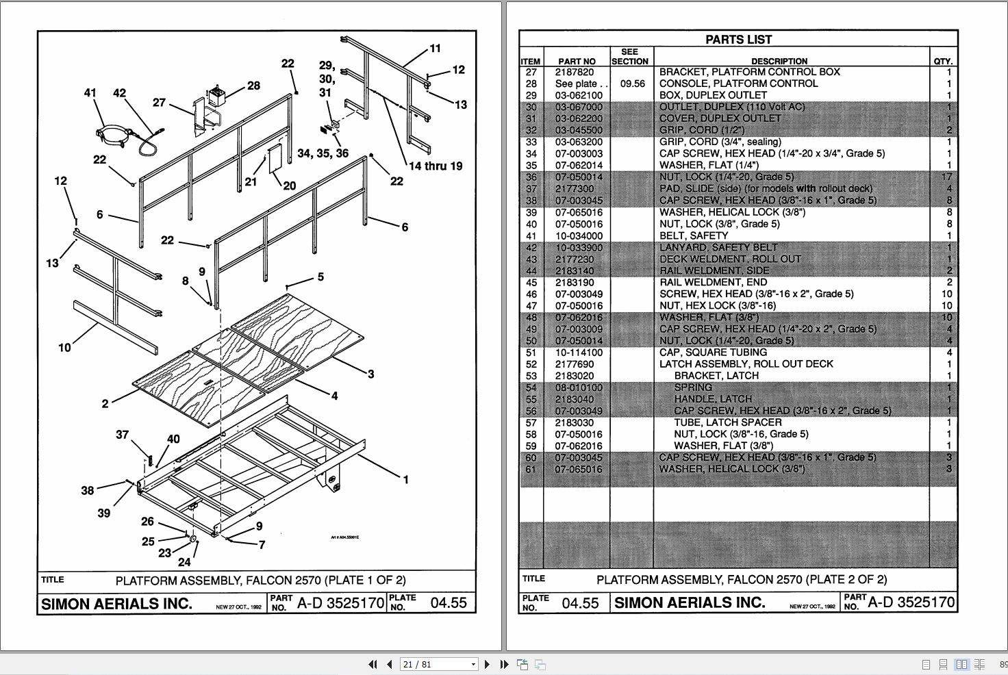 Simon Vertical Lift FALCON 2570RT Parts Manual 89 755015 (2)