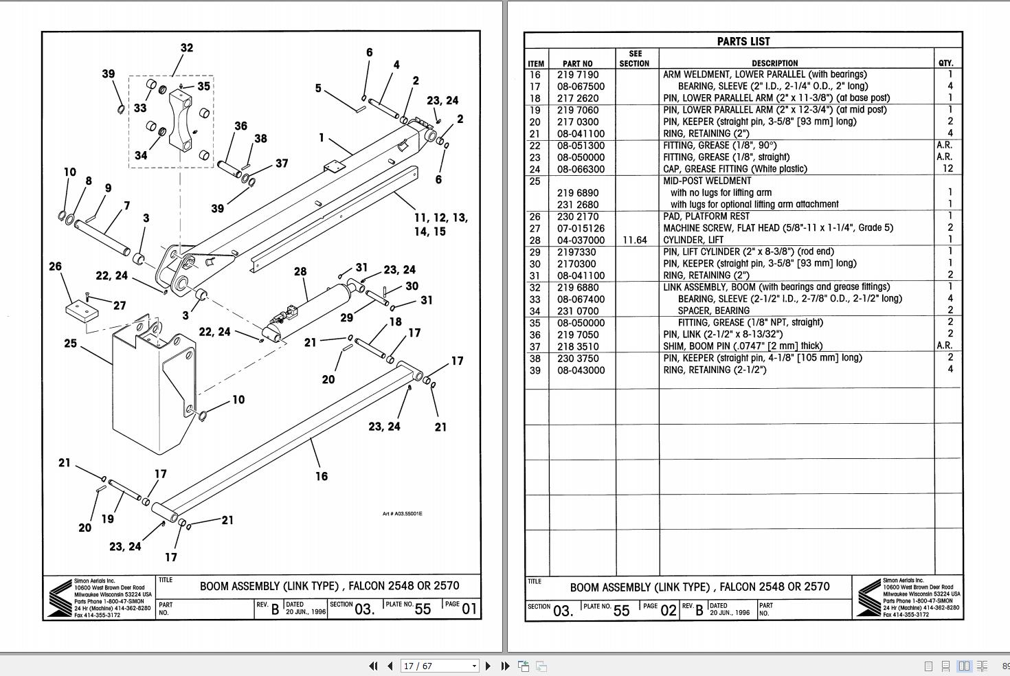 Simon Vertical Lift FALCON 2570RT Parts Manual 89 757015 (2)
