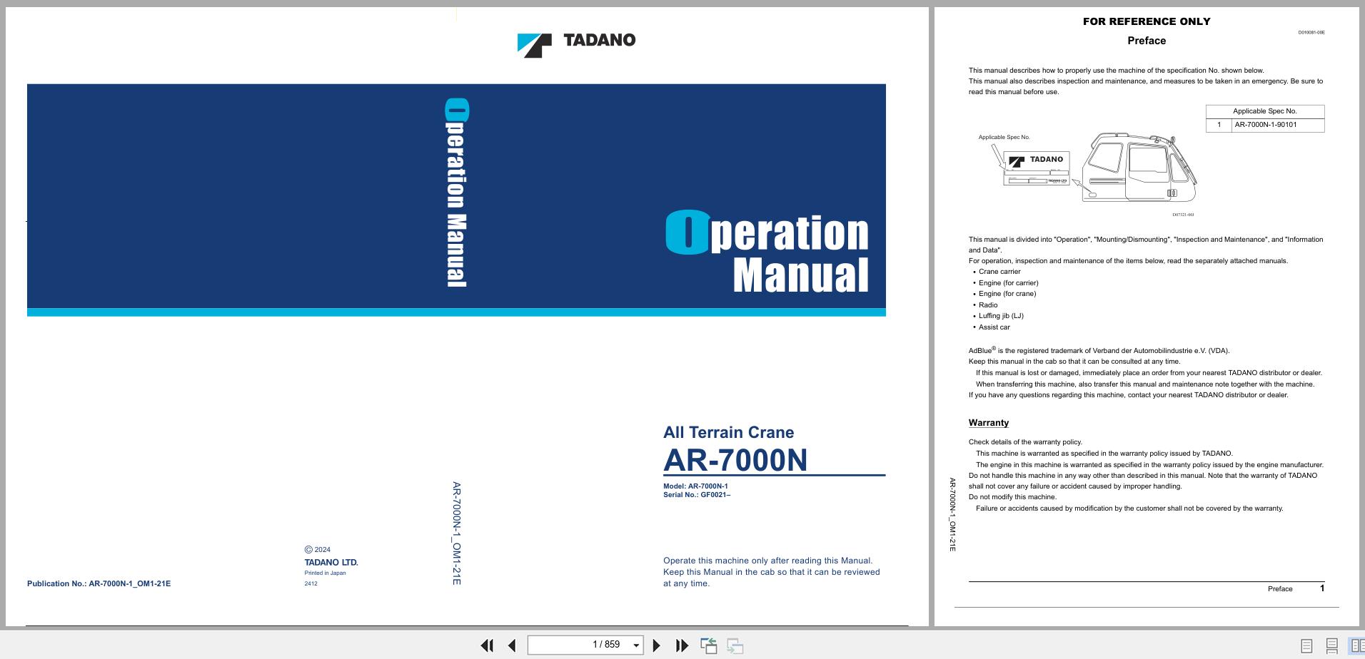 Tadano Crane AR 7000N Operation Manual AR 7000N 1 OM1 21E 2024 (1)