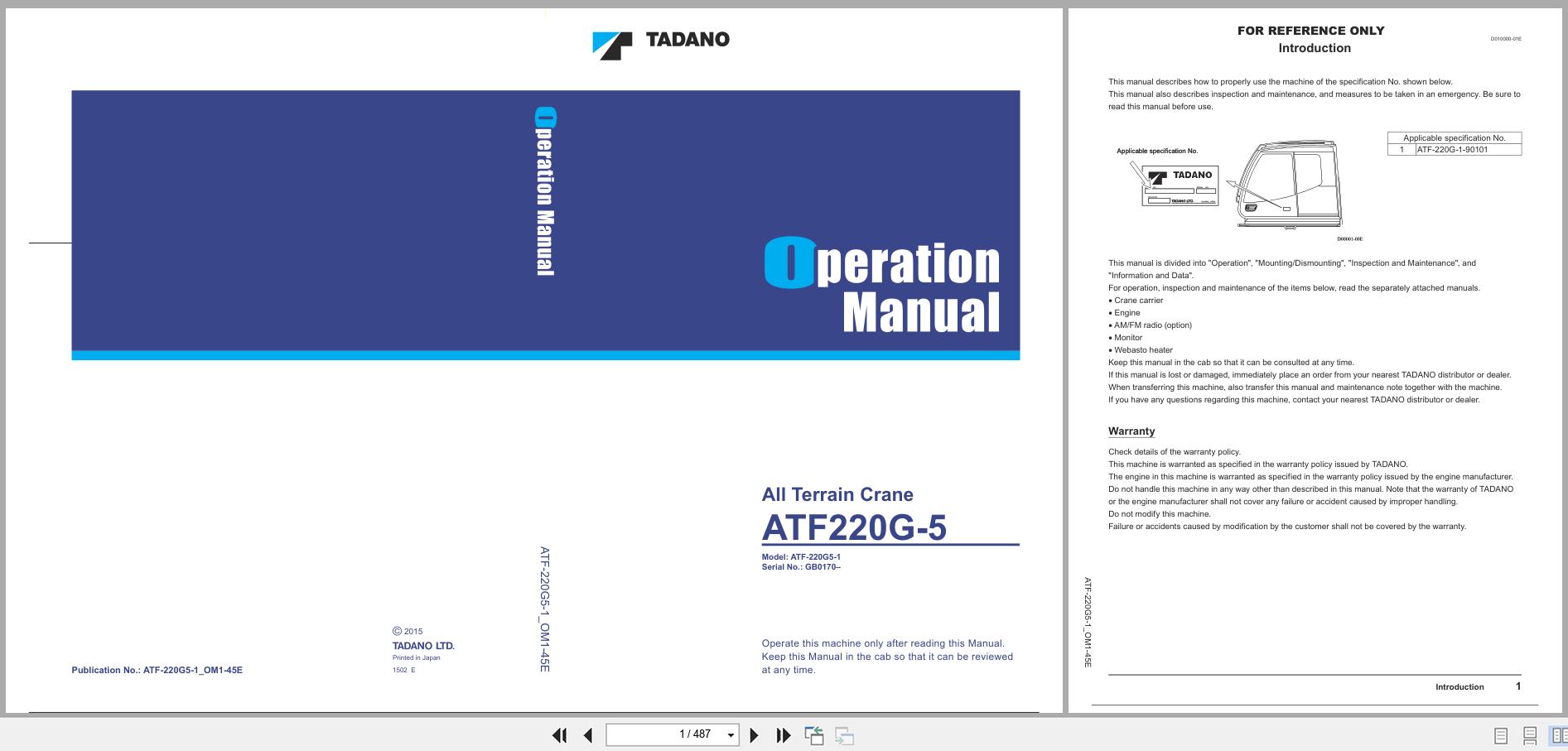 Tadano Crane ATF220G 5 Operation Manual ATF 220G5 1 OM1 45E 2015 (1)