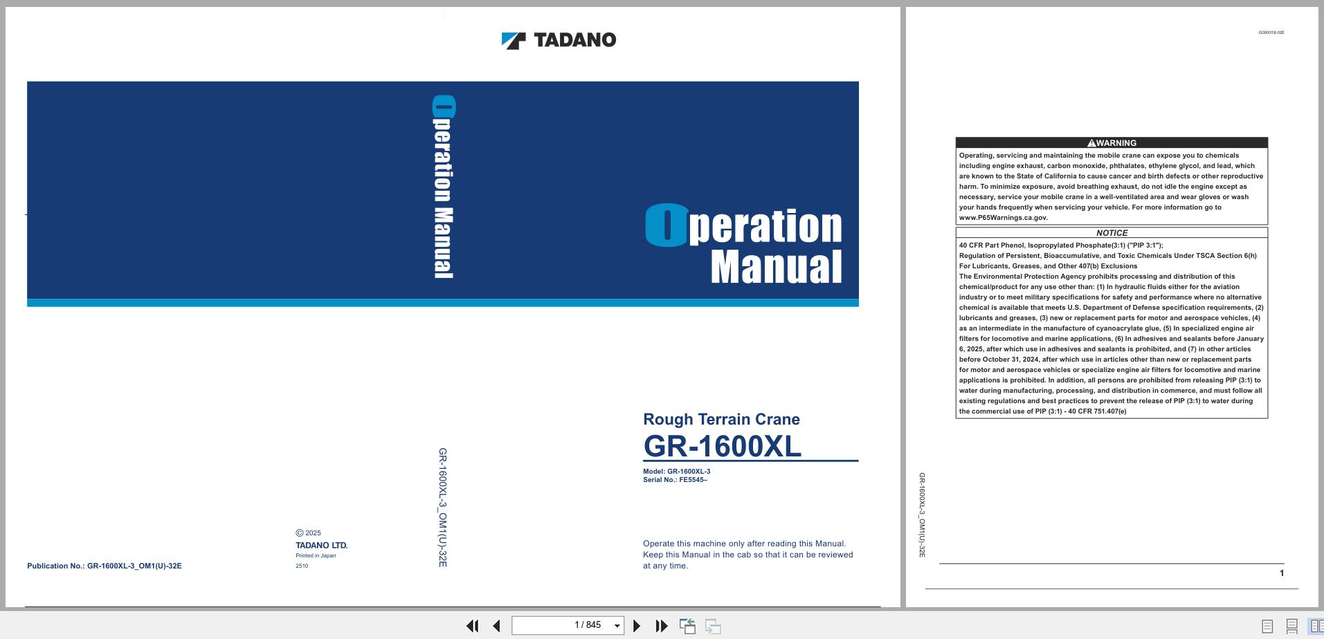 Tadano Crane GR 1600XL Operation Manual GR 1600XL 3 OM1(U) 32E 2025 (1)