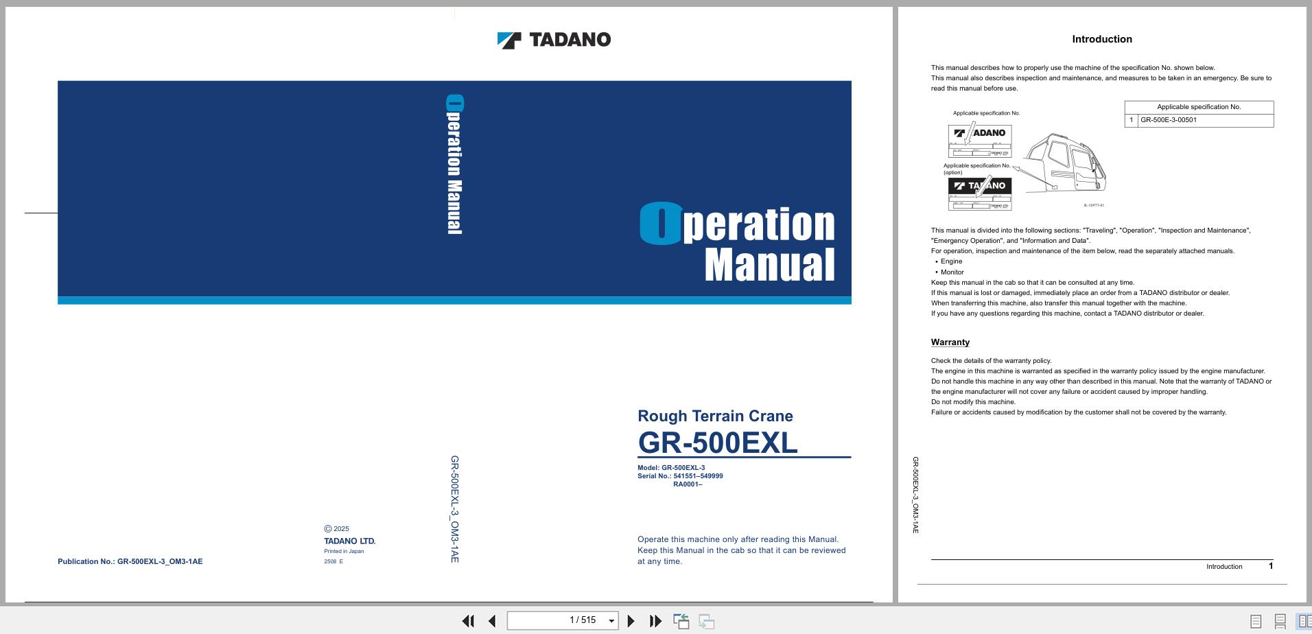 Tadano Crane GR 500EXL Operation Manual GR 500EXL 3 OM3 1AE 2025 (1)