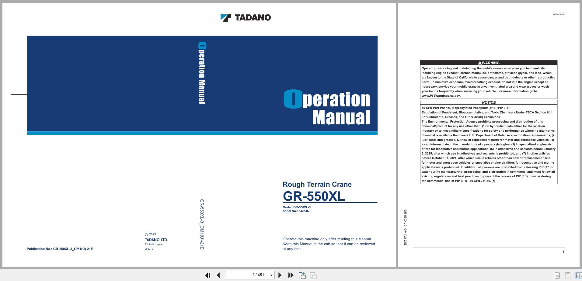 Tadano Crane GR 550XL Operation Manual GR 550XL 3 OM1(U) 21E 2025 (1)