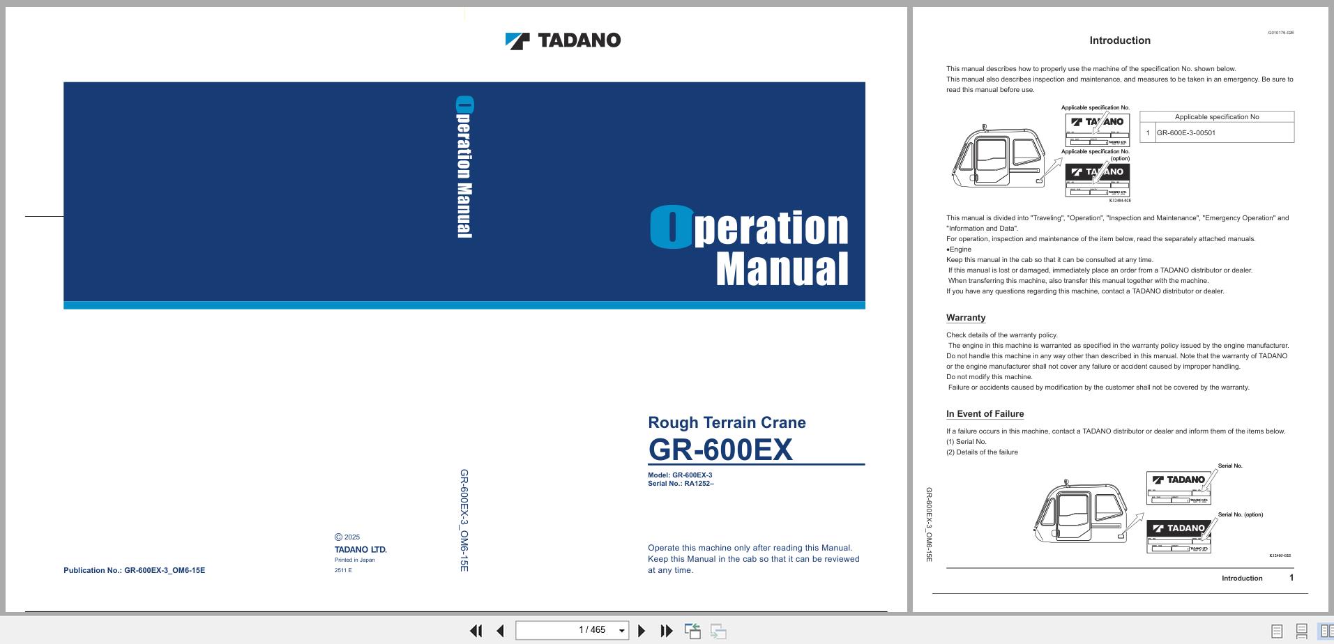Tadano Crane GR 600EX Operation Manual GR 600EX 3 OM6 15E 2025 (1)