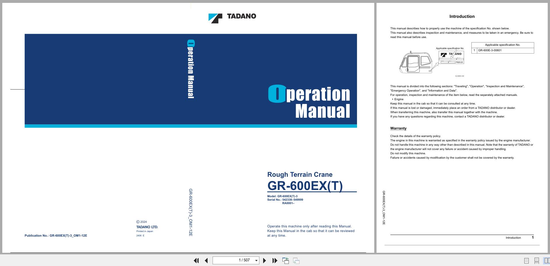 Tadano Crane GR 600EX(T) Operation Manual GR 600EX(T) 3 OM1 12E 2024 (1)