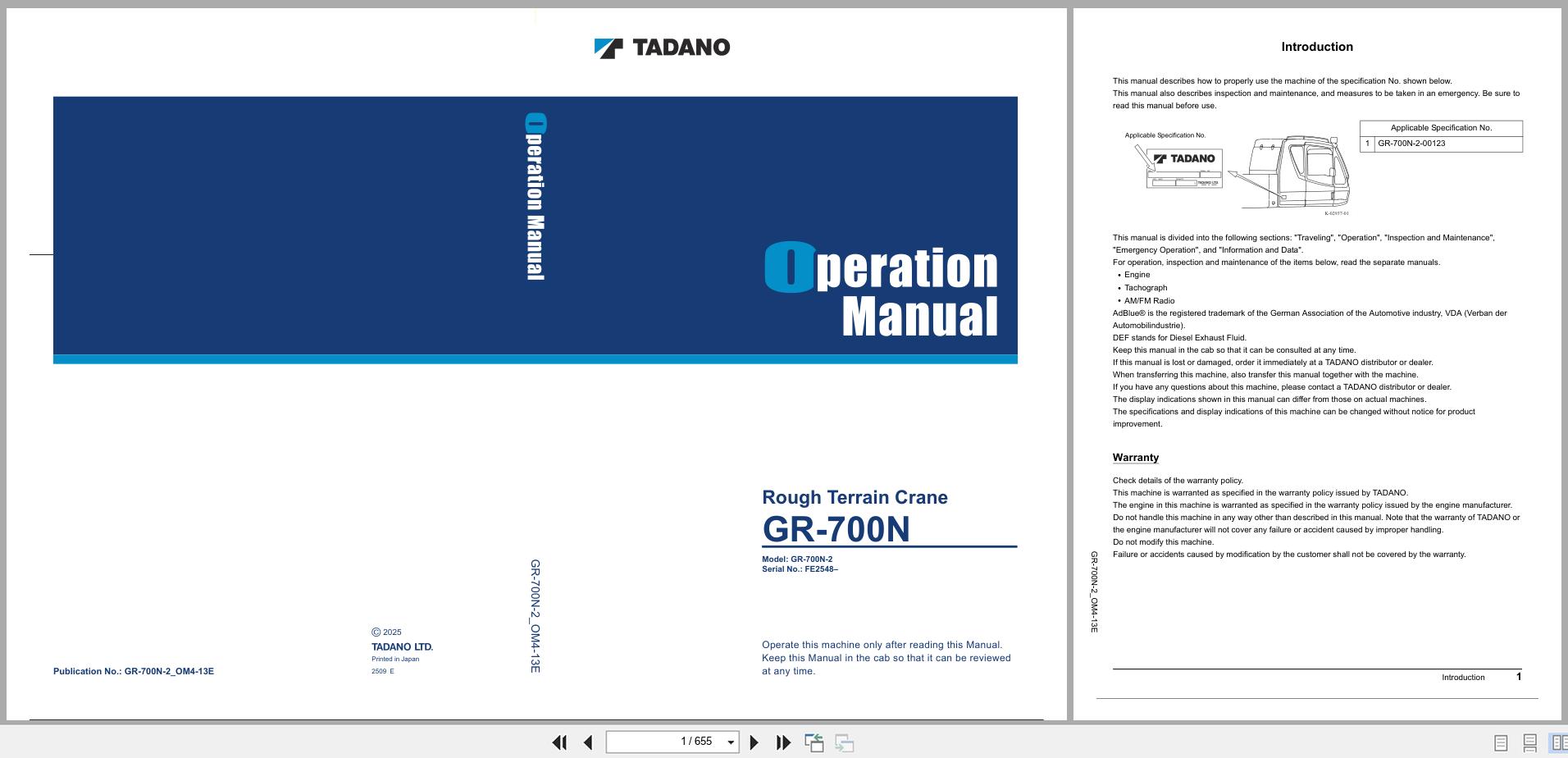 Tadano Crane GR 700N Operation Manual GR 700N 2 OM4 13E 2025 (1)