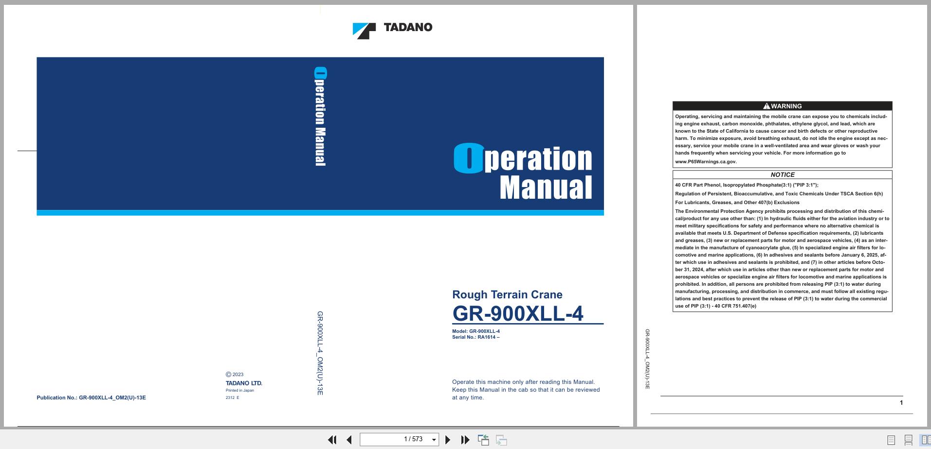 Tadano Crane GR 900XLL 4 Operation Manual GR 900XLL 4 OM2(U) 13E 2023 (1)