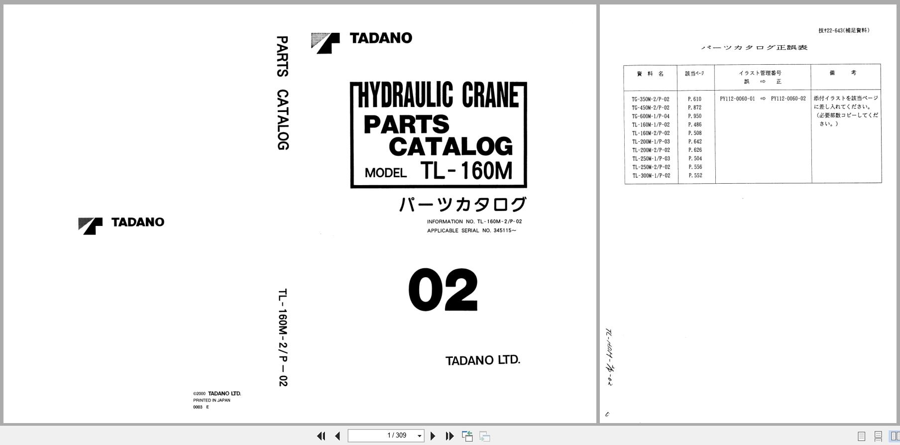 Tadano Crane TL 160M Parts Catalog TL 160M 2 P 02 2000 EN JP (1)