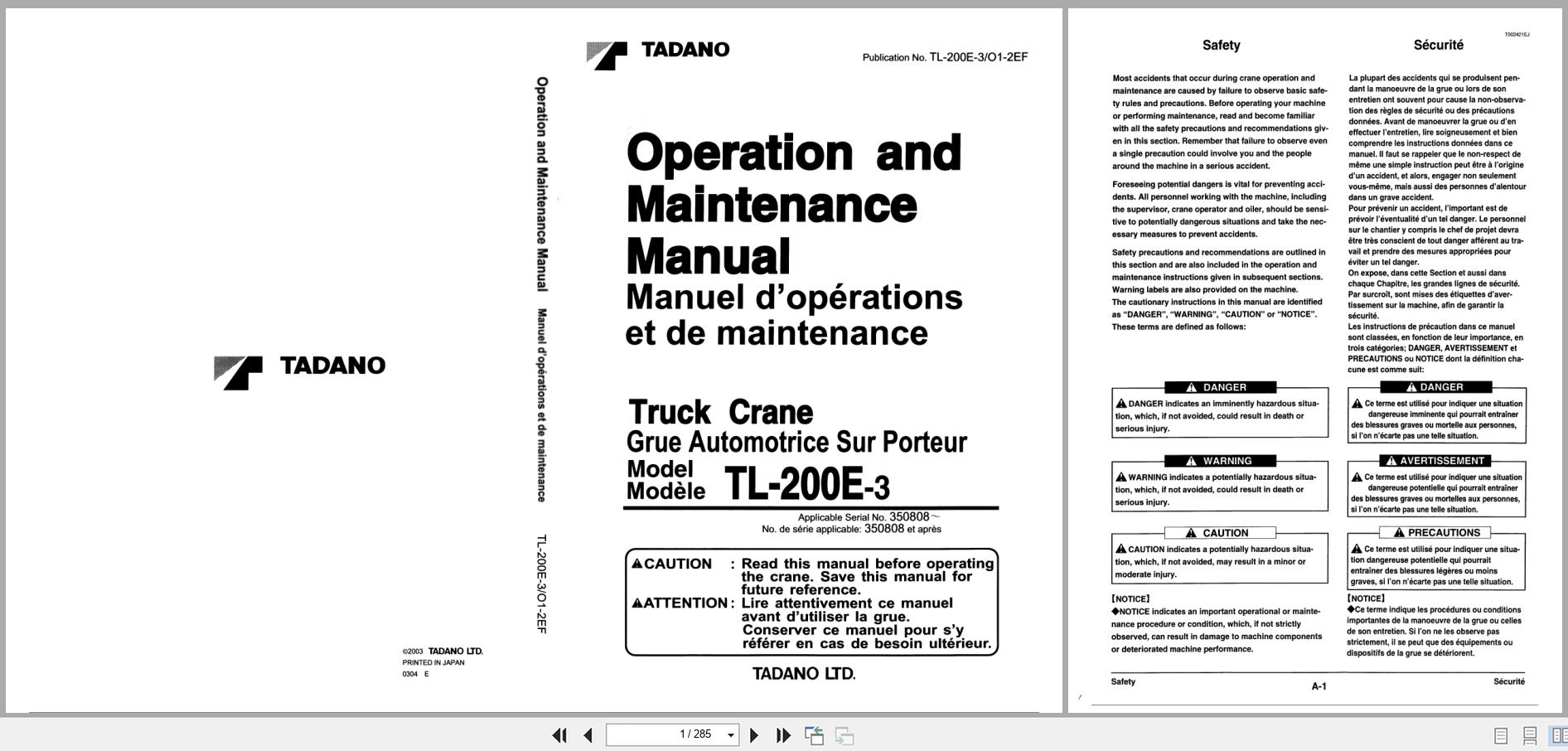 Tadano Crane TL 200E 3 Operation and Maintenance Manual TL 200E 3 O1 2EF EN FR (1)