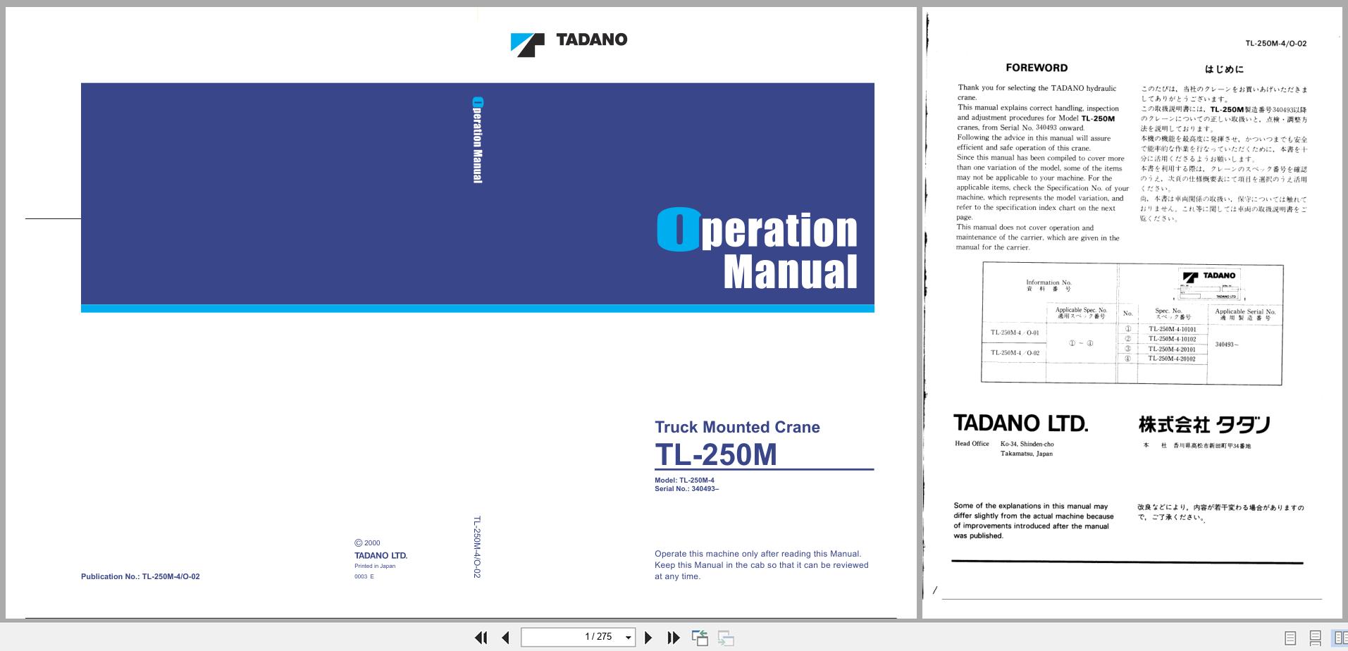 Tadano Crane TL 250M Operation Manual TL 250M 4 O 02 EN JP (1)