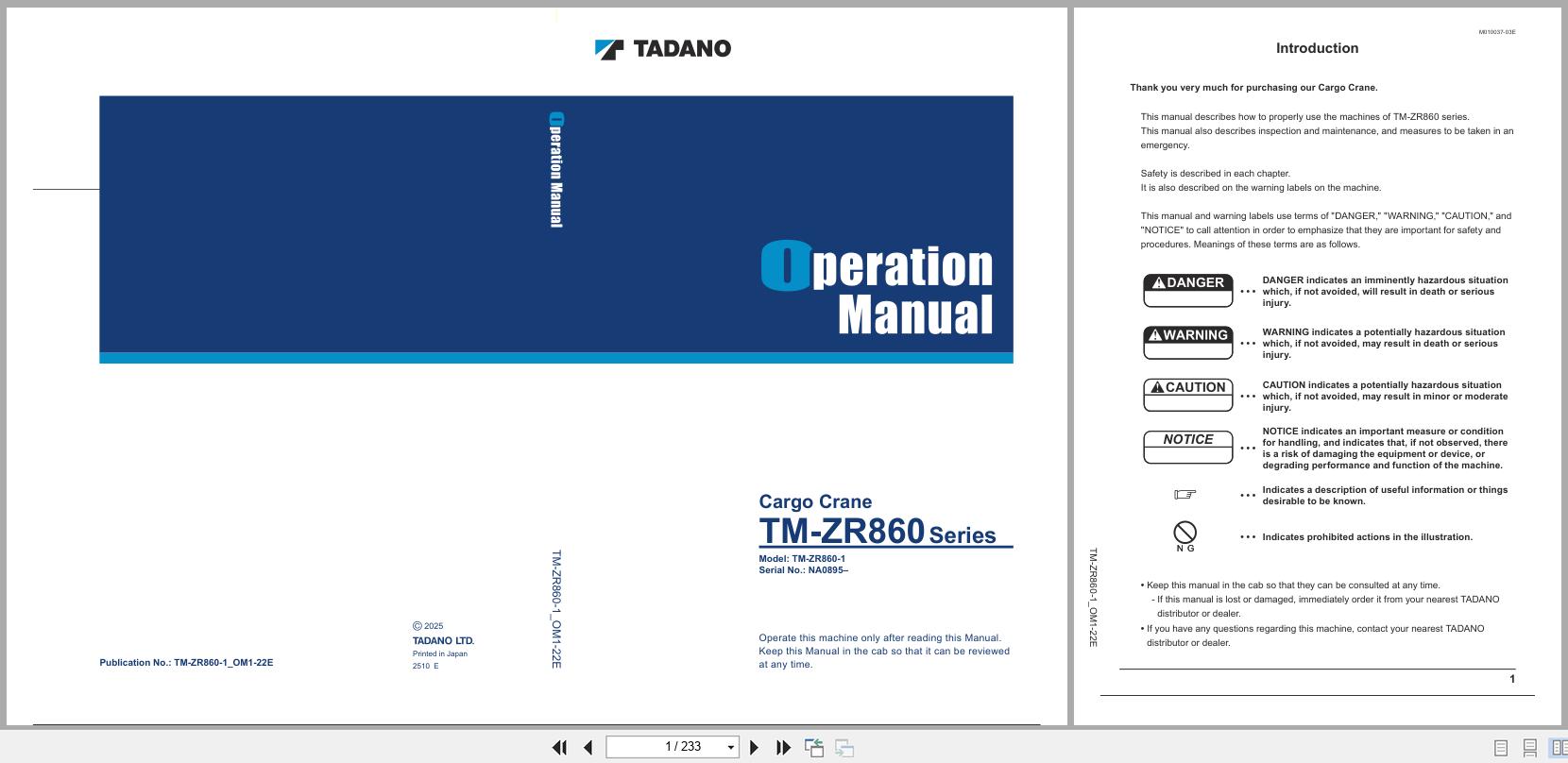 Tadano Crane TM ZR860 Series Operation Manual TM ZR860 1 OM1 22E 2025 (1)