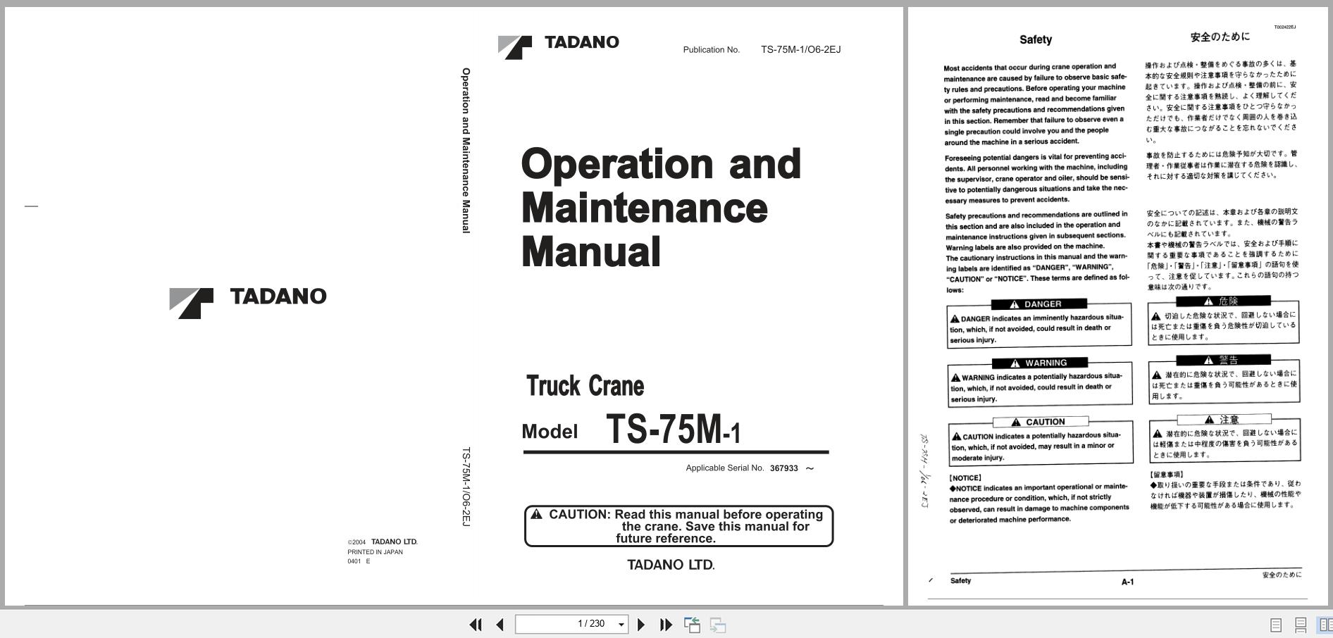 Tadano Crane TS 75M 1 Operation and Maintenance Manual TS 75M 1 O6 2EJ 2004 EN JP (1)