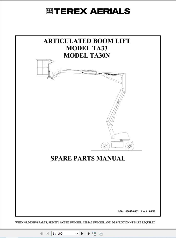 Terex Articulated Boom Lift TA33 TA30N Parts Manual 65002 0002 (1)
