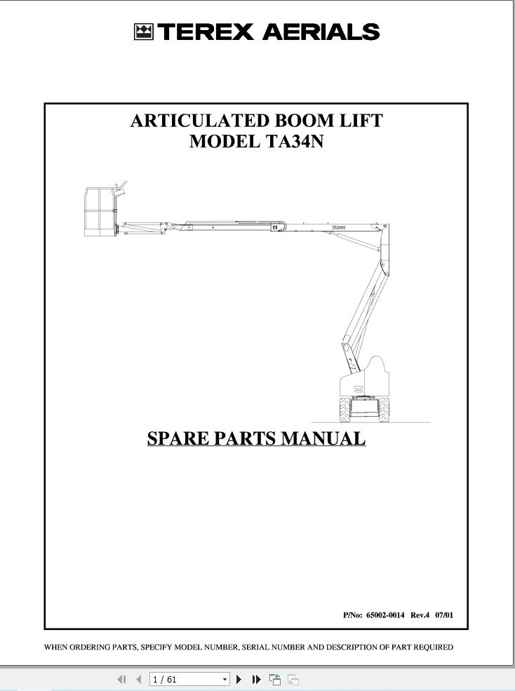 Terex Articulated Boom Lift TA34N Parts Manual 65002 0014 (1)