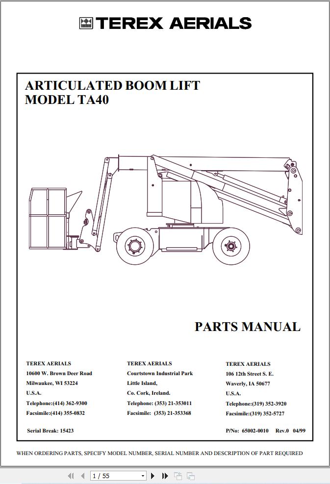 Terex Articulated Boom Lift TA40 Parts Manual 65002 0010 (1)