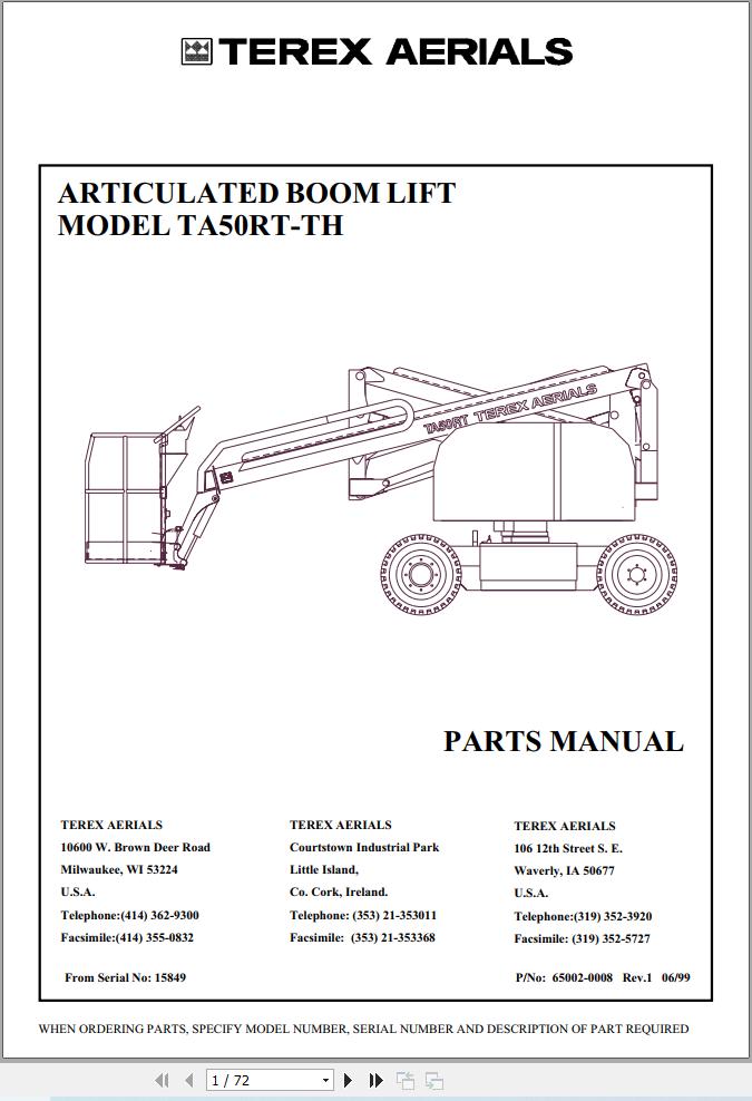 Terex Articulated Boom Lift TA50RT TH Parts Manual 65002 0008 1 (1)