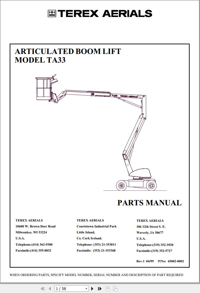Terex Articulated Boom Lift TB33 Parts Manual 65002 0002 (1)