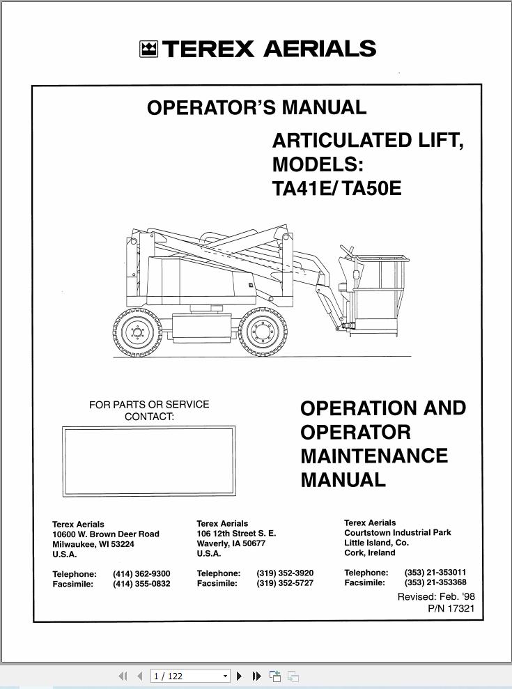 Terex Articulated Lift TA41E TA50E Operation Maintenance Manual 17321 (1)