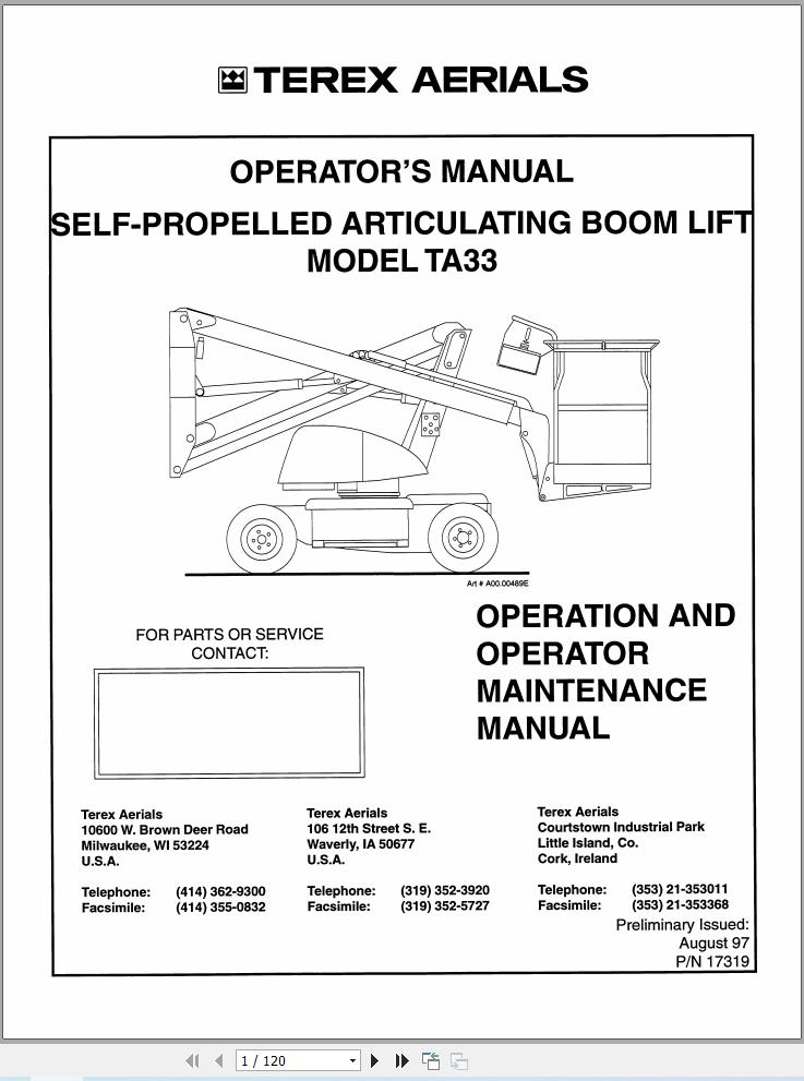 Terex Boom Lift TA33 Operation Maintenance Manual 17319 (1)