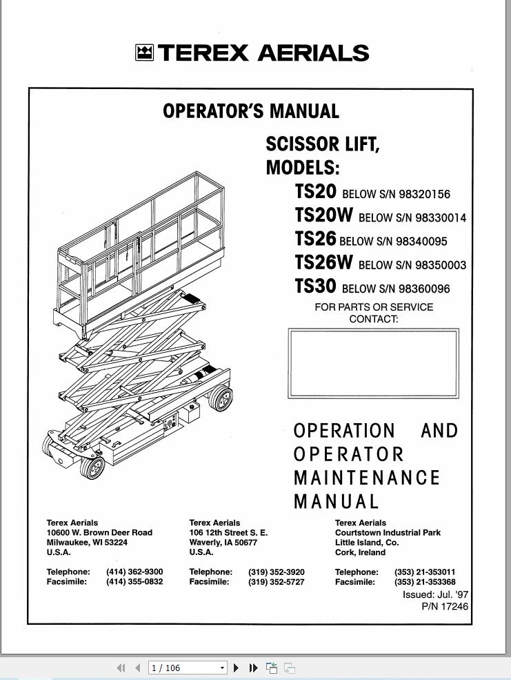 Terex Scissor Lift TS20 TS20W TS26 TS26W TS30 Operators Maintenance Manual 17246 (1)