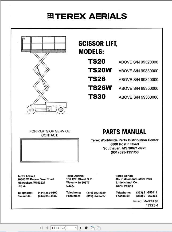 Terex Scissor Lift TS20 TS20W TS26 TS26W TS30 Parts Manual 17273 1 (1)