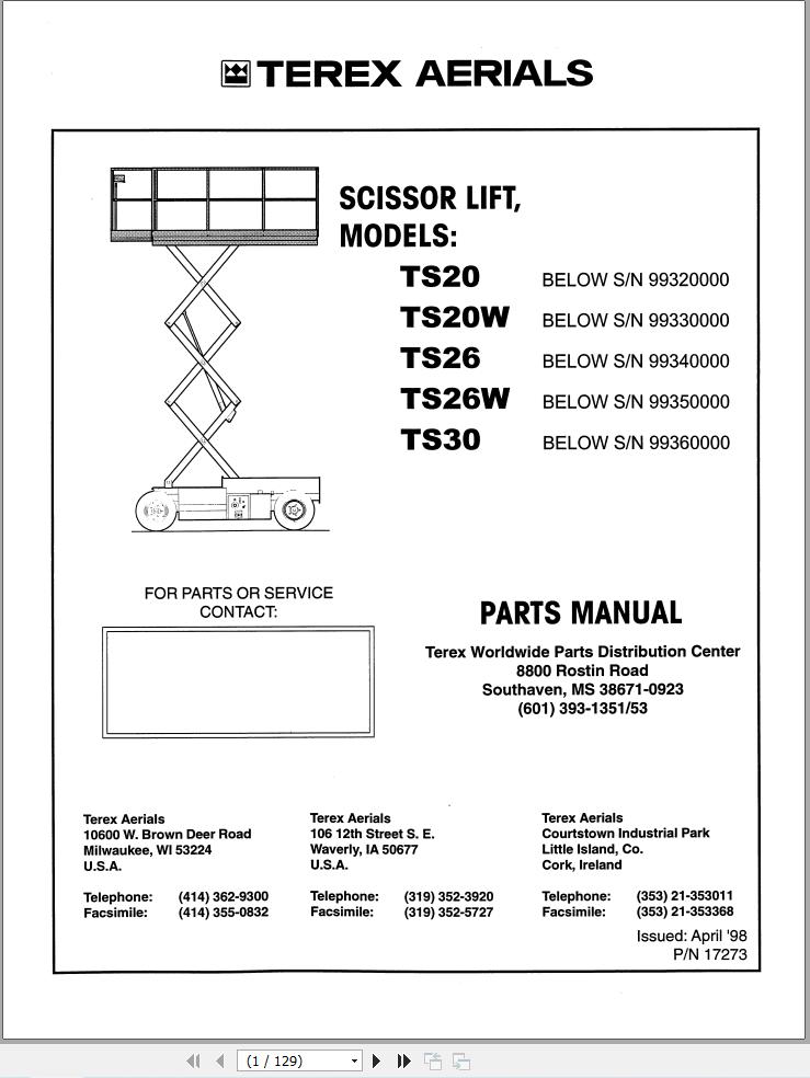 Terex Scissor Lift TS20 TS20W TS26 TS26W TS30 Parts Manual 17273 (1)
