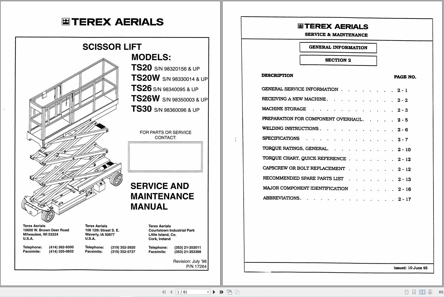 Terex Scissor Lift TS20 TS20W TS26 TS26W TS30 Service Maintenance Manual 17264 (1)