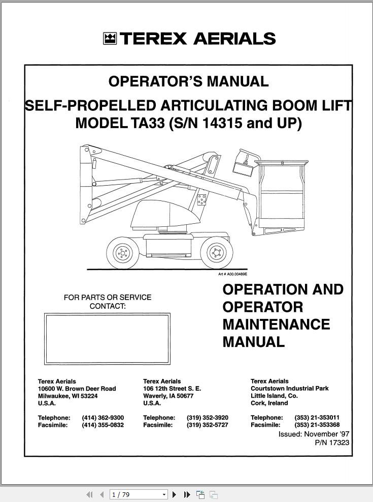 Terex Self Propelled Articulating Boom Lift TA33 Operation Maintenance Manual 17323 (1)