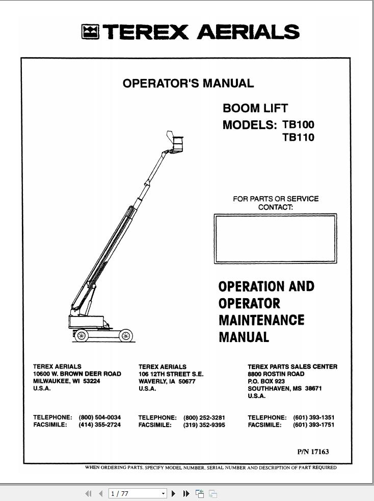 Terex Self Propelled Boom Lift TB100 TB110 Operators Maintenance Manual 17163 (1)