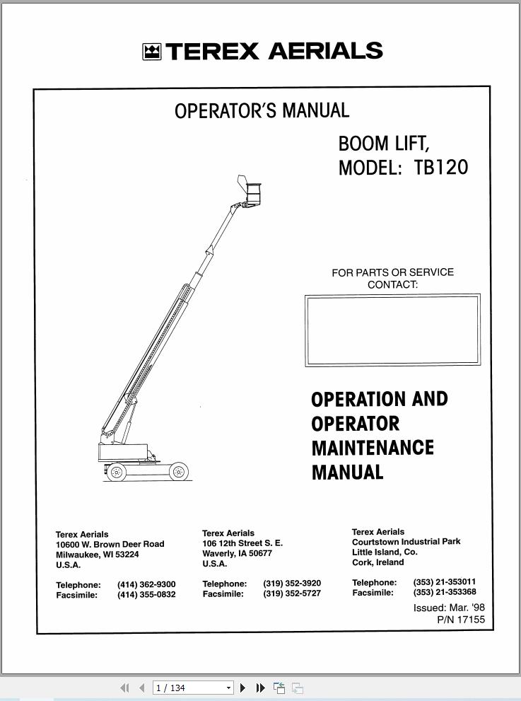 Terex Self Propelled Boom Lift TB120 Operators Maintenance Manual 17155 (1)