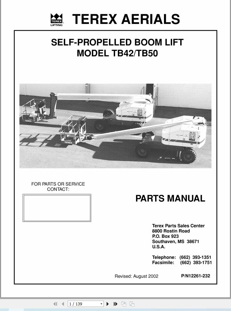 Terex Self Propelled Boom Lift TB42 TB50 Parts Manual 12261 232 (1)