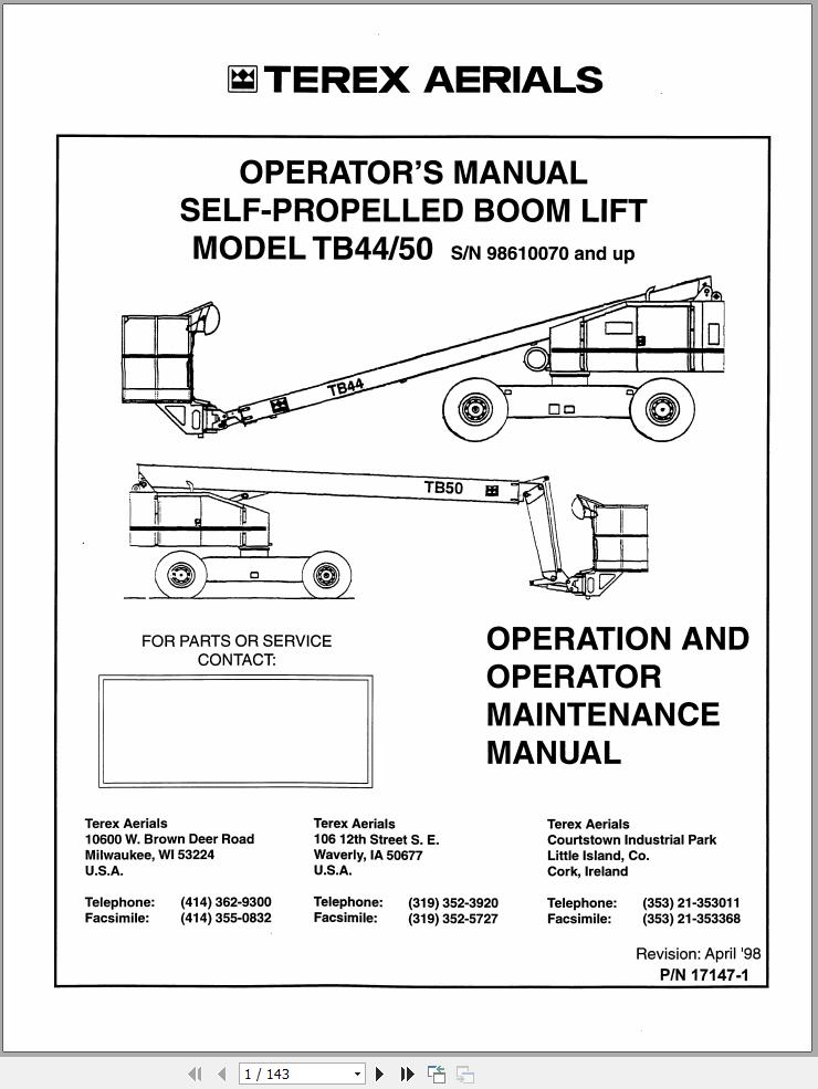 Terex Self Propelled Boom Lift TB44 TB50 Operators Manual 17147 1 (1)