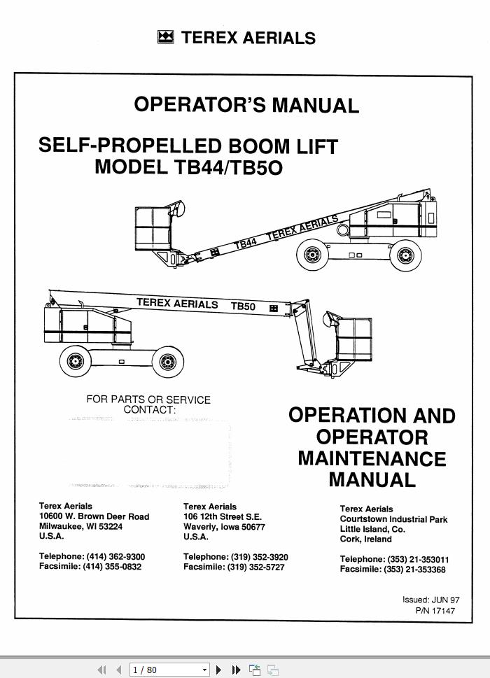 Terex Self Propelled Boom Lift TB44 TB50 Operators Manual 17147 (1)